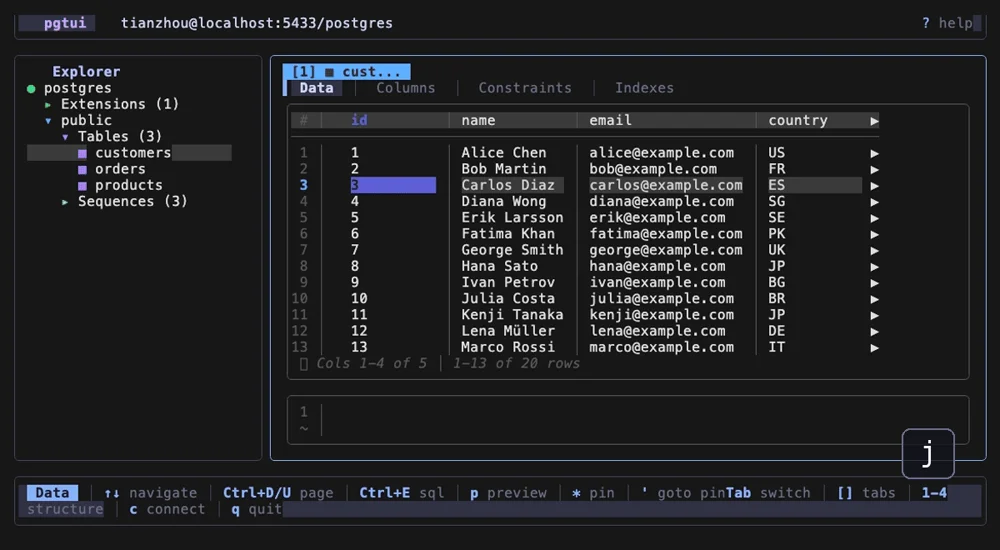 pgtui terminal UI